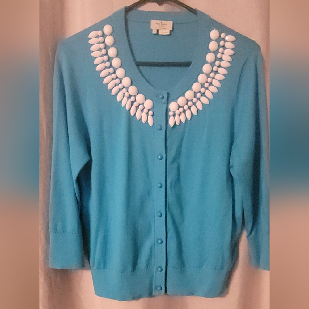 Kate Sade Blue Cardigan with White Detailing.